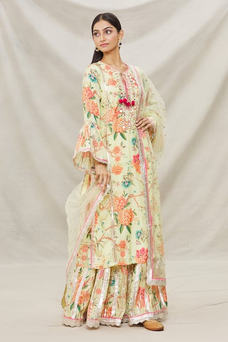 Gopi Vaid Yellow Net, Viscose Floral Motifs Round Print Kurta Sharara Set 