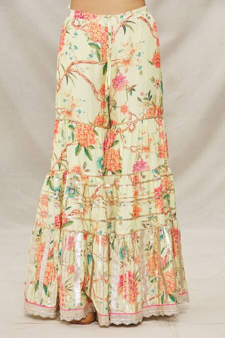 Gopi Vaid Yellow Net, Viscose Floral Motifs Round Print Kurta Sharara Set at Aza Fashions Gopi Vaid_Yellow Net, Viscose Floral Motifs Round Print Kurta Sharara Set _at_Aza_Fashions