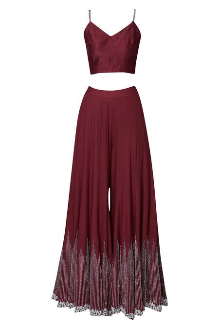 Buy Maroon Net Sweetheart Neck Embroidered Cape Palazzo Set For Women by  Aariyana Couture Online at Aza Fashions.