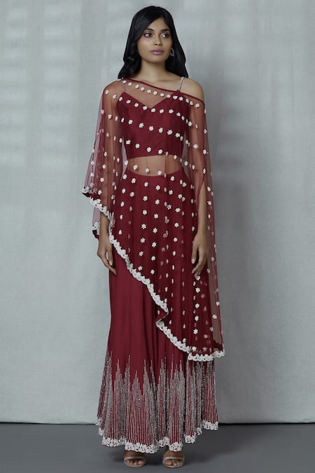 Ariyana By Aza_Maroon Net, Modal, Silk Embroidery Sweetheart Neck Cape Palazzo Set _Online_at_Aza_Fashions