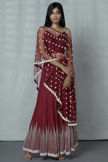 Buy_Ariyana By Aza_Maroon Net, Modal, Silk Embroidery Sweetheart Neck Cape Palazzo Set _Online_at_Aza_Fashions