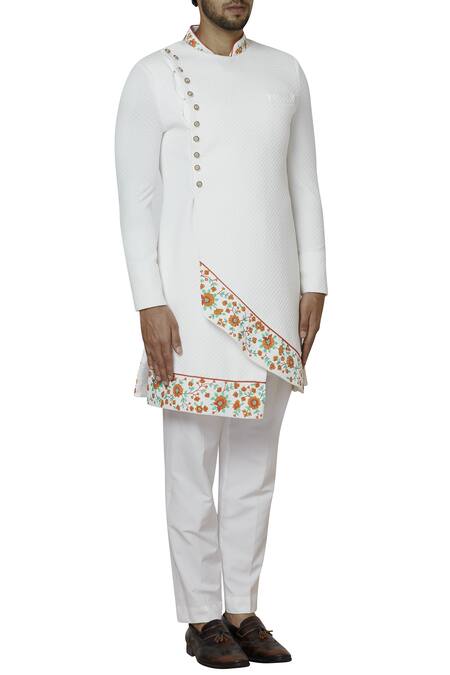 Sol By Piyush Dedhia_White Quilt Stretch Overlap Sherwani Set  _Online_at_Aza_Fashions