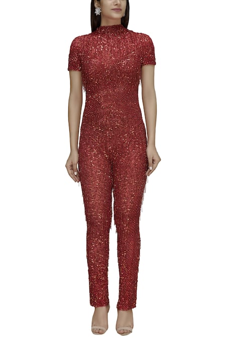 Shop Chisel By Meghna Ramrakhiya Red Round Embellished Jumpsuit Online at Aza Fashions Shop_Chisel By Meghna Ramrakhiya_Red Round Embellished Jumpsuit _Online_at_Aza_Fashions