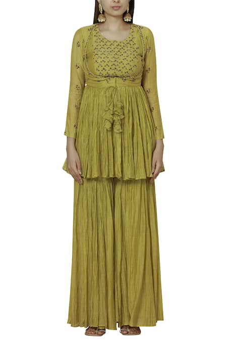 Shop Astha Narang Green Chanderi Silk Cotton Round Kurta Sharara Set at Aza Fashions Shop_Astha Narang_Green Chanderi Silk Cotton Round Kurta Sharara Set _at_Aza_Fashions