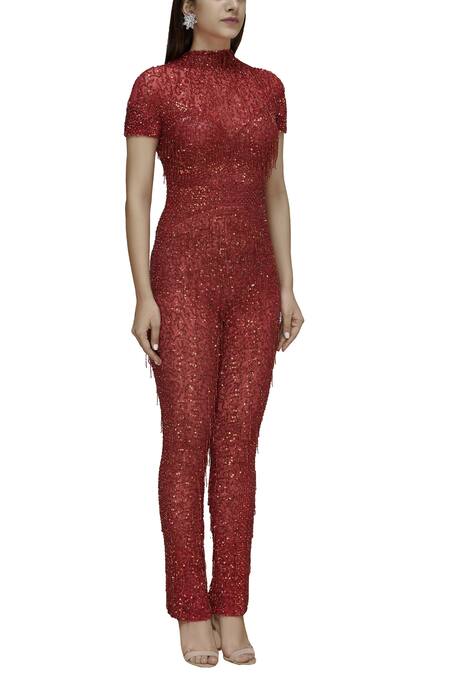 Chisel By Meghna Ramrakhiya Red Round Embellished Jumpsuit Online at Aza Fashions Chisel By Meghna Ramrakhiya_Red Round Embellished Jumpsuit _Online_at_Aza_Fashions