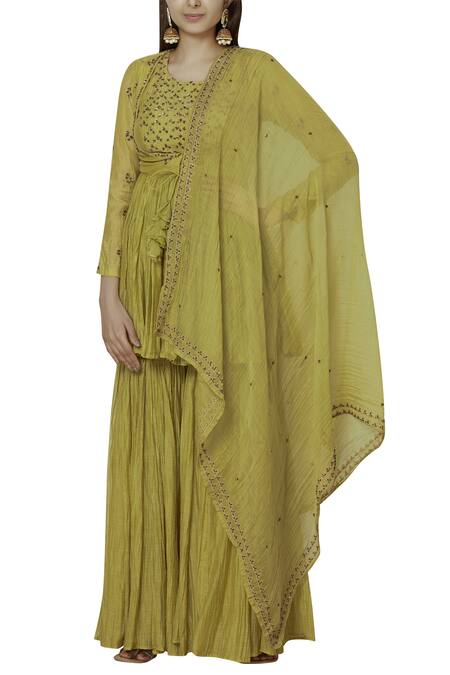 Astha Narang Green Chanderi Silk Cotton Round Kurta Sharara Set Online at Aza Fashions Astha Narang_Green Chanderi Silk Cotton Round Kurta Sharara Set _Online_at_Aza_Fashions