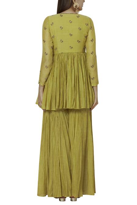 Buy Astha Narang Green Chanderi Silk Cotton Round Kurta Sharara Set Online at Aza Fashions Buy_Astha Narang_Green Chanderi Silk Cotton Round Kurta Sharara Set _Online_at_Aza_Fashions