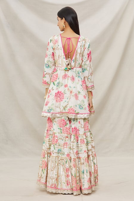 Shop Gopi Vaid Ivory Viscose, Soft Chiffon Floral Motifs, Print Short Anarkali Sharara Set at Aza Fashions Shop_Gopi Vaid_Ivory Viscose, Soft Chiffon Floral Motifs, Print Short Anarkali Sharara Set _at_Aza_Fashions