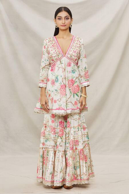 Gopi Vaid Ivory Viscose, Soft Chiffon Floral Motifs, Print Short Anarkali Sharara Set Online at Aza Fashions Gopi Vaid_Ivory Viscose, Soft Chiffon Floral Motifs, Print Short Anarkali Sharara Set _Online_at_Aza_Fashions