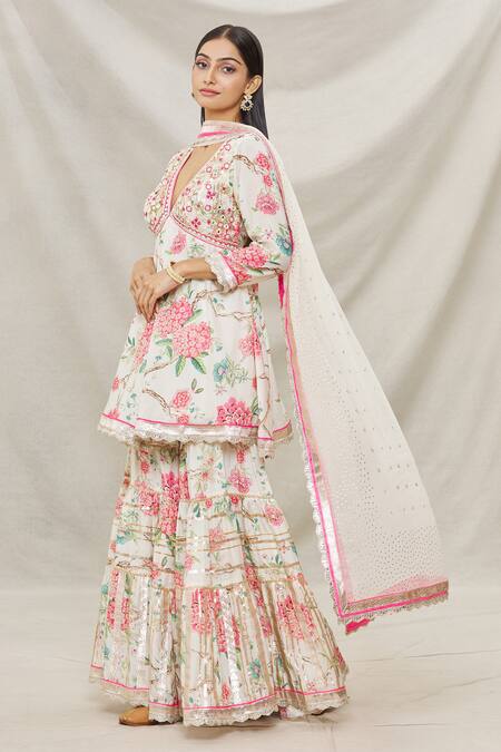 Shop Gopi Vaid Ivory Viscose, Soft Chiffon Floral Motifs, Print Short Anarkali Sharara Set Online at Aza Fashions Shop_Gopi Vaid_Ivory Viscose, Soft Chiffon Floral Motifs, Print Short Anarkali Sharara Set _Online_at_Aza_Fashions