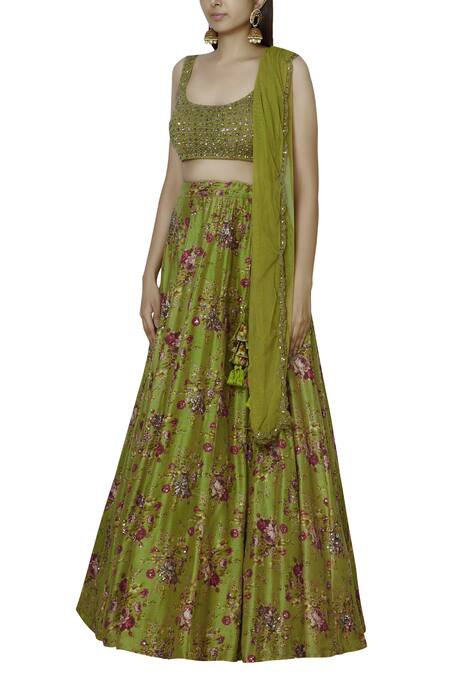 ASTHA NARANG Green Blouse And Lehenga Raw Silkdupatta Net Round Embroidered Set Online at Aza Fashions ASTHA NARANG_Green Blouse And Lehenga Raw Silkdupatta Net Round Embroidered Set_Online_at_Aza_Fashions