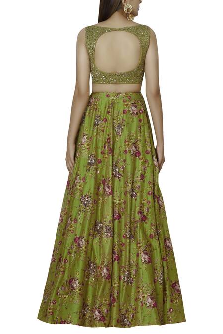 Shop ASTHA NARANG Green Blouse And Lehenga Raw Silkdupatta Net Round Embroidered Set at Aza Fashions Shop_ASTHA NARANG_Green Blouse And Lehenga Raw Silkdupatta Net Round Embroidered Set_at_Aza_Fashions