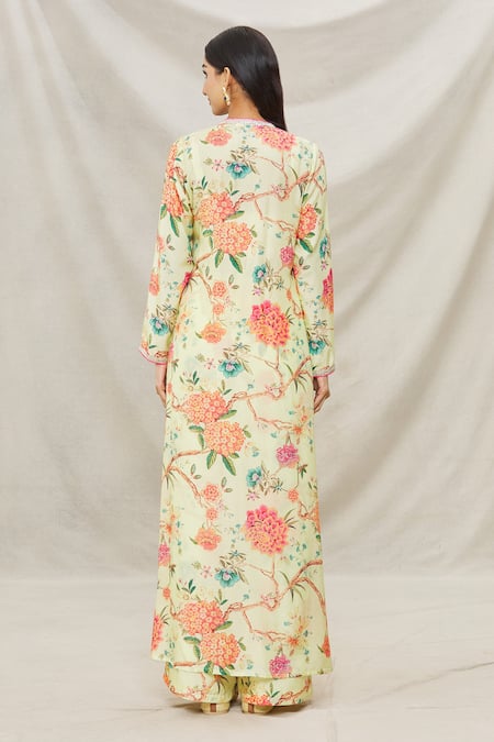 Shop Gopi Vaid Yellow Viscose Floral Motifs V Neck Myriad Vines Print Cape And Pant Set at Aza Fashions Shop_Gopi Vaid_Yellow Viscose Floral Motifs V Neck Myriad Vines Print Cape And Pant Set _at_Aza_Fashions