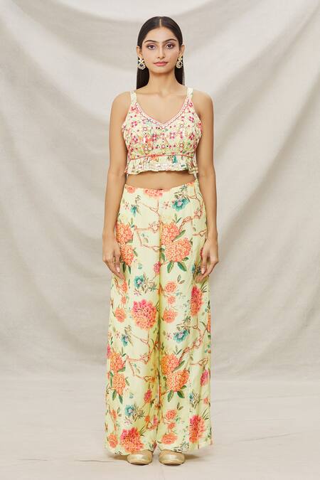 Gopi Vaid Yellow Viscose Floral Motifs V Neck Myriad Vines Print Cape And Pant Set Online at Aza Fashions Gopi Vaid_Yellow Viscose Floral Motifs V Neck Myriad Vines Print Cape And Pant Set _Online_at_Aza_Fashions