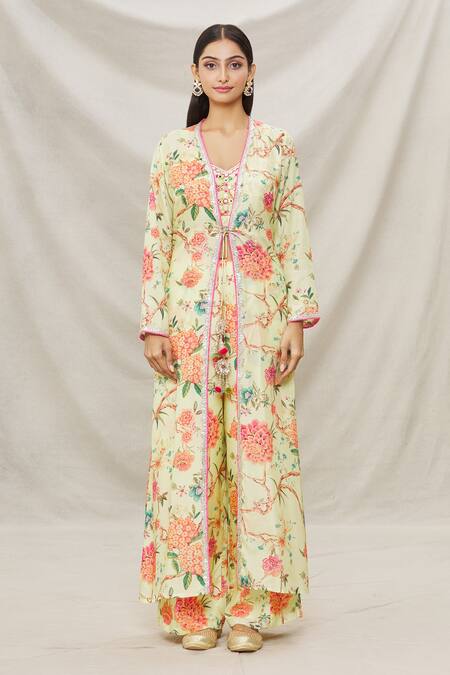 Buy Gopi Vaid Yellow Viscose Floral Motifs V Neck Myriad Vines Print Cape And Pant Set Online at Aza Fashions Buy_Gopi Vaid_Yellow Viscose Floral Motifs V Neck Myriad Vines Print Cape And Pant Set _Online_at_Aza_Fashions