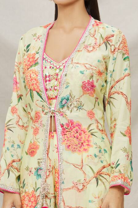Shop Gopi Vaid Yellow Viscose Floral Motifs V Neck Myriad Vines Print Cape And Pant Set Online at Aza Fashions Shop_Gopi Vaid_Yellow Viscose Floral Motifs V Neck Myriad Vines Print Cape And Pant Set _Online_at_Aza_Fashions