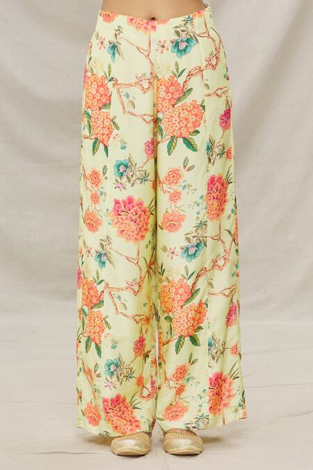 Gopi Vaid Yellow Viscose Floral Motifs V Neck Myriad Vines Print Cape And Pant Set at Aza Fashions Gopi Vaid_Yellow Viscose Floral Motifs V Neck Myriad Vines Print Cape And Pant Set _at_Aza_Fashions