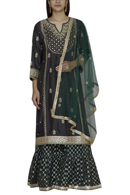 Aditi Beriwala_Black Dupion Silk, Chanderi Jacaranda Kurta Round Embroidered Sharara Set _Online_at_Aza_Fashions