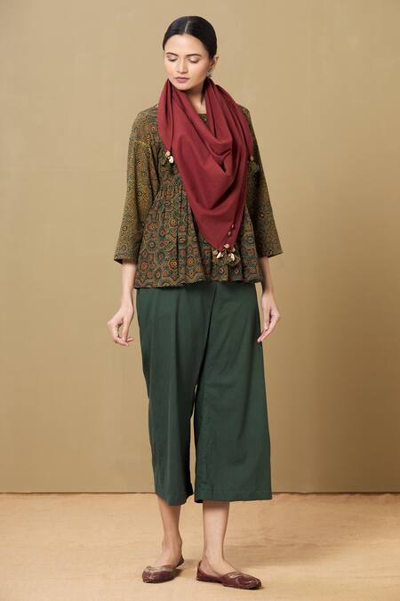 Sagaa by Vanita Green Ajrakh Embroidery Round Top And Pant Set 