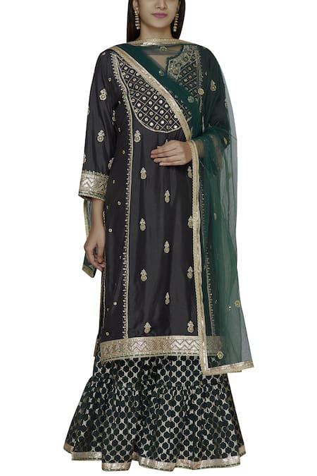 Aditi Beriwala Black Dupion Silk Kurta Round Inner V Neck Embroidered Sharara Set  