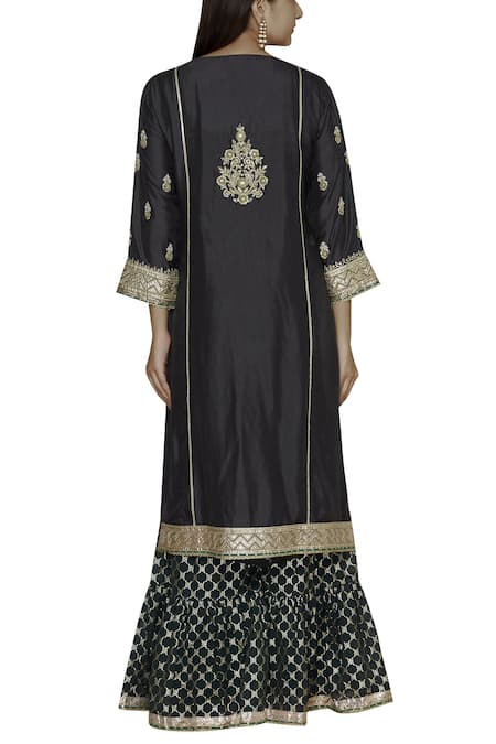 Shop_Aditi Beriwala_Black Dupion Silk, Chanderi Jacaranda Kurta Round Embroidered Sharara Set _at_Aza_Fashions
