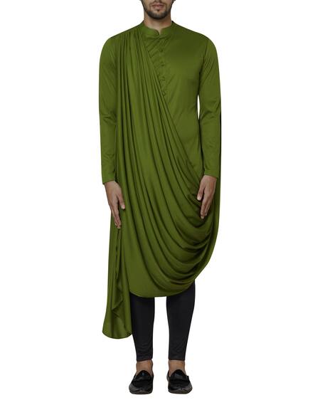 Buy_Sol By Piyush Dedhia_Green Polyester Knit Draped Kurta Bundi Set  _Online_at_Aza_Fashions