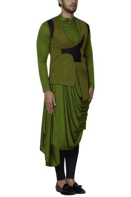 Sol By Piyush Dedhia_Green Polyester Knit Draped Kurta Bundi Set  _Online_at_Aza_Fashions