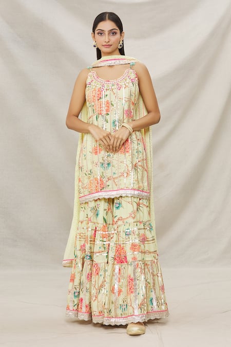 Gopi Vaid Yellow Viscose, Soft Chiffon Floral Motifs Scoop Neck Print Kurta Sharara Set 