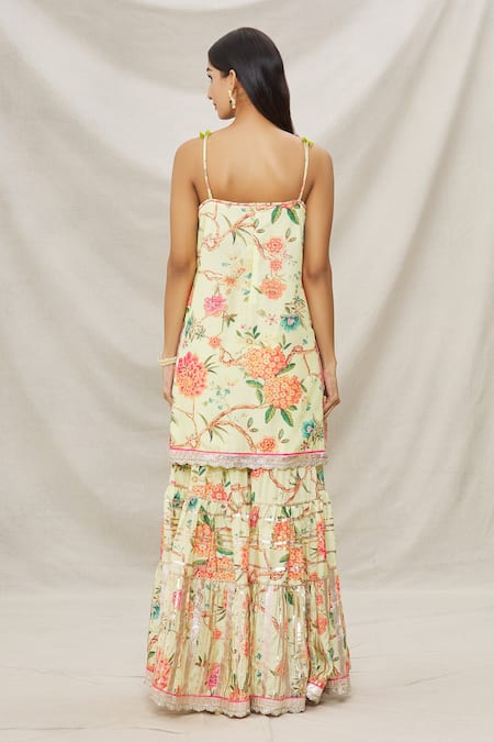 Shop Gopi Vaid Yellow Viscose, Soft Chiffon Floral Motifs Scoop Neck Print Kurta Sharara Set at Aza Fashions Shop_Gopi Vaid_Yellow Viscose, Soft Chiffon Floral Motifs Scoop Neck Print Kurta Sharara Set _at_Aza_Fashions