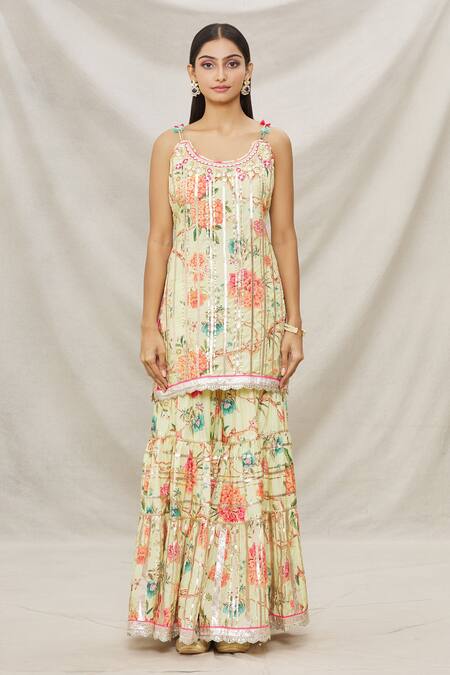 Gopi Vaid Yellow Viscose, Soft Chiffon Floral Motifs Scoop Neck Print Kurta Sharara Set Online at Aza Fashions Gopi Vaid_Yellow Viscose, Soft Chiffon Floral Motifs Scoop Neck Print Kurta Sharara Set _Online_at_Aza_Fashions