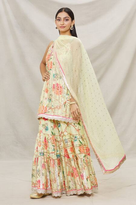 Buy Gopi Vaid Yellow Viscose, Soft Chiffon Floral Motifs Scoop Neck Print Kurta Sharara Set Online at Aza Fashions Buy_Gopi Vaid_Yellow Viscose, Soft Chiffon Floral Motifs Scoop Neck Print Kurta Sharara Set _Online_at_Aza_Fashions