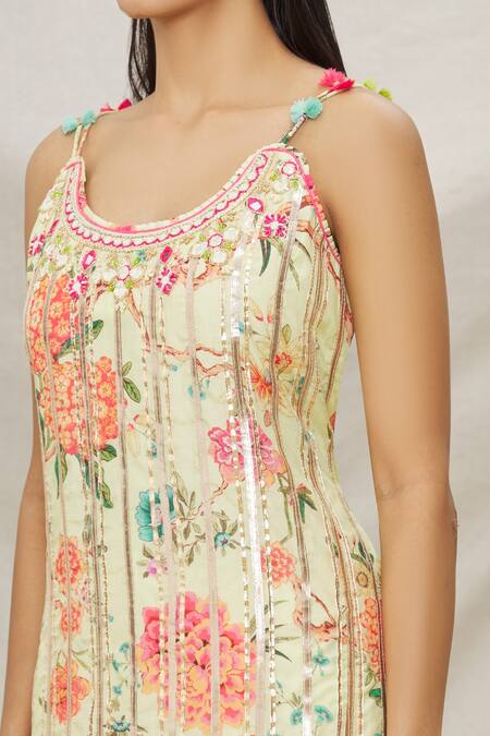 Shop Gopi Vaid Yellow Viscose, Soft Chiffon Floral Motifs Scoop Neck Print Kurta Sharara Set Online at Aza Fashions Shop_Gopi Vaid_Yellow Viscose, Soft Chiffon Floral Motifs Scoop Neck Print Kurta Sharara Set _Online_at_Aza_Fashions