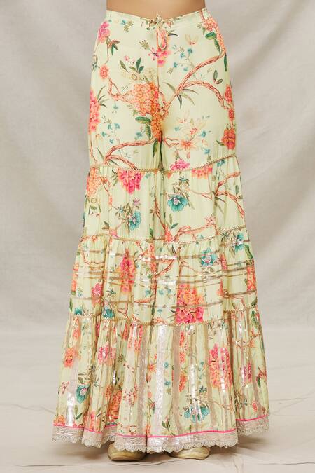 Gopi Vaid Yellow Viscose, Soft Chiffon Floral Motifs Scoop Neck Print Kurta Sharara Set at Aza Fashions Gopi Vaid_Yellow Viscose, Soft Chiffon Floral Motifs Scoop Neck Print Kurta Sharara Set _at_Aza_Fashions