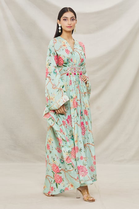 Gopi Vaid Blue Viscose Floral Motifs V Neck Print Kaftan Online at Aza Fashions Gopi Vaid_Blue Viscose Floral Motifs V Neck Print Kaftan _Online_at_Aza_Fashions