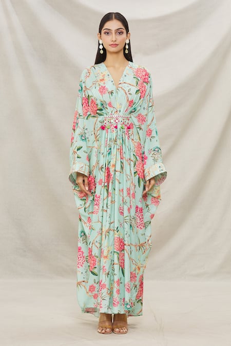 Shop Gopi Vaid Blue Viscose Floral Motifs V Neck Print Kaftan Online at Aza Fashions Shop_Gopi Vaid_Blue Viscose Floral Motifs V Neck Print Kaftan _Online_at_Aza_Fashions