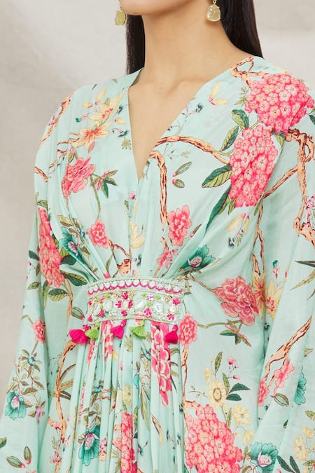 Gopi Vaid Blue Viscose Floral Motifs V Neck Print Kaftan at Aza Fashions Gopi Vaid_Blue Viscose Floral Motifs V Neck Print Kaftan _at_Aza_Fashions