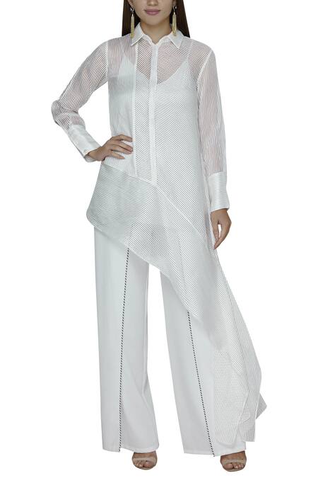 Amit Aggarwal White Organza Asymmetric Shirt