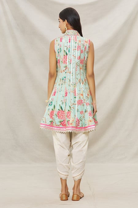 Shop Gopi Vaid Blue Cotton, Viscose Floral Motifs, Gota Work V Print Kurta And Dhoti Pant Set at Aza Fashions Shop_Gopi Vaid_Blue Cotton, Viscose Floral Motifs, Gota Work V Print Kurta And Dhoti Pant Set _at_Aza_Fashions