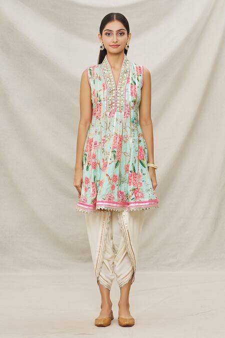 Gopi Vaid Blue Cotton, Viscose Floral Motifs, Gota Work V Print Kurta And Dhoti Pant Set Online at Aza Fashions Gopi Vaid_Blue Cotton, Viscose Floral Motifs, Gota Work V Print Kurta And Dhoti Pant Set _Online_at_Aza_Fashions