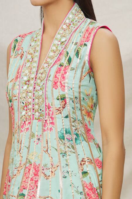 Shop Gopi Vaid Blue Cotton, Viscose Floral Motifs, Gota Work V Print Kurta And Dhoti Pant Set Online at Aza Fashions Shop_Gopi Vaid_Blue Cotton, Viscose Floral Motifs, Gota Work V Print Kurta And Dhoti Pant Set _Online_at_Aza_Fashions