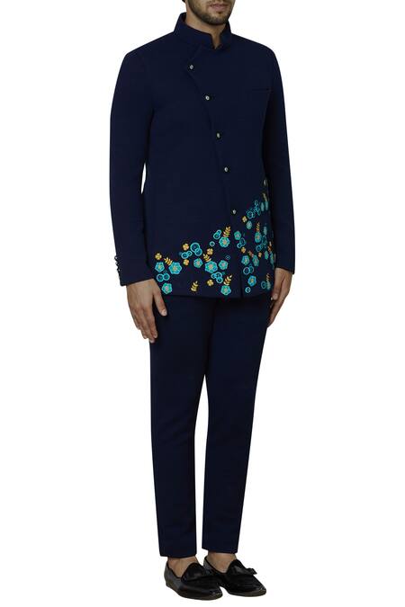 Sol By Piyush Dedhia_Blue Herringbone Embroidered Bandhagla Set  _Online_at_Aza_Fashions