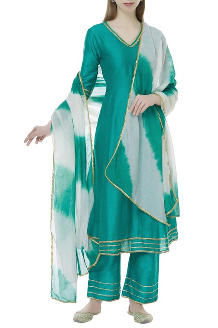 Khwaab by Sanjana Lakhani Green Cotton Silk V Neck Kalidar Kurta Set