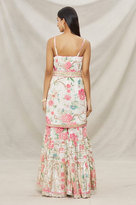 Shop Gopi Vaid Ivory Viscose Floral Motifs Sweetheart Neck Bloom Print Kurta And Sharara Set at Aza Fashions Shop_Gopi Vaid_Ivory Viscose Floral Motifs Sweetheart Neck Bloom Print Kurta And Sharara Set _at_Aza_Fashions
