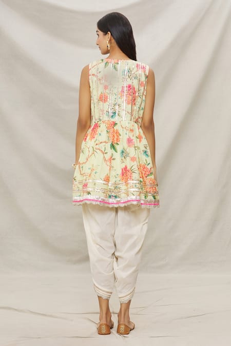 Shop Gopi Vaid Yellow Cotton, Viscose Floral Motifs, Gota Work Print Peplum And Dhoti Pant Set at Aza Fashions Shop_Gopi Vaid_Yellow Cotton, Viscose Floral Motifs, Gota Work Print Peplum And Dhoti Pant Set _at_Aza_Fashions