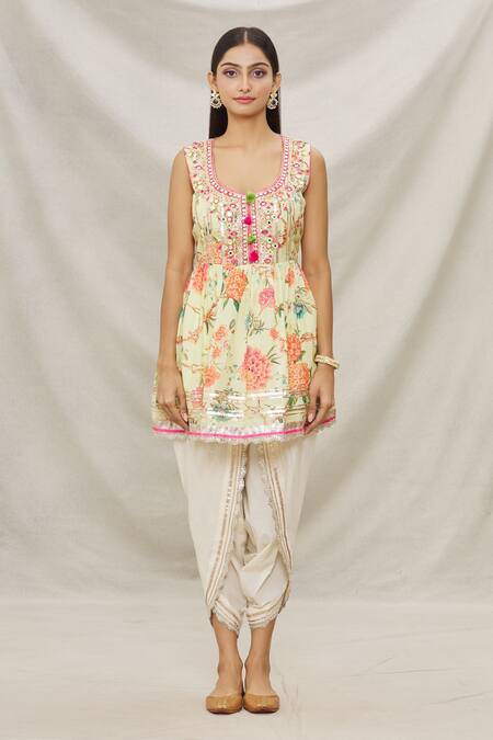 Gopi Vaid Yellow Cotton, Viscose Floral Motifs, Gota Work Print Peplum And Dhoti Pant Set Online at Aza Fashions Gopi Vaid_Yellow Cotton, Viscose Floral Motifs, Gota Work Print Peplum And Dhoti Pant Set _Online_at_Aza_Fashions