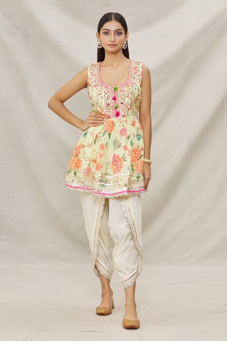 Buy Gopi Vaid Yellow Cotton, Viscose Floral Motifs, Gota Work Print Peplum And Dhoti Pant Set Online at Aza Fashions Buy_Gopi Vaid_Yellow Cotton, Viscose Floral Motifs, Gota Work Print Peplum And Dhoti Pant Set _Online_at_Aza_Fashions