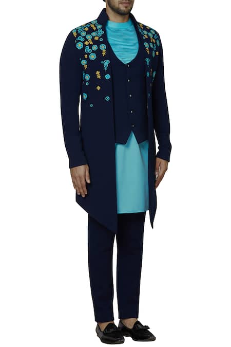 Sol By Piyush Dedhia_Blue Herringbone Embroidered Jacket Kurta Set  _Online_at_Aza_Fashions