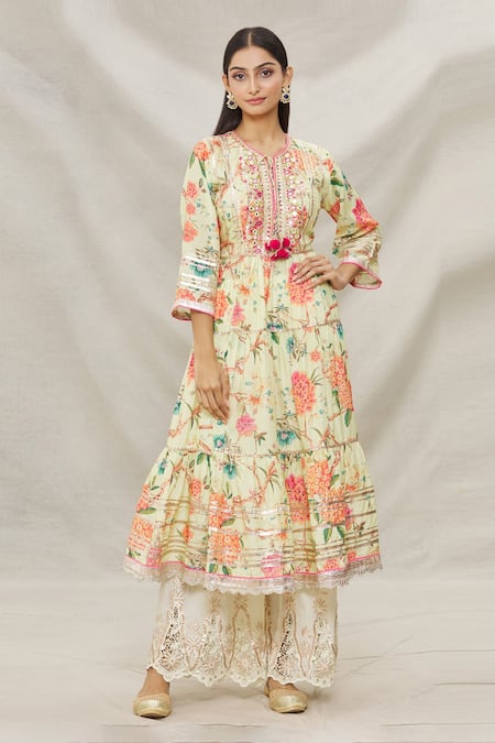 Gopi Vaid Yellow Cotton, Viscose Floral Motifs, Gota Printed Tiered Kurta And Palazzo Set 
