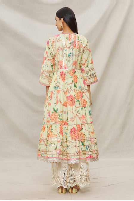 Shop Gopi Vaid Yellow Cotton, Viscose Floral Motifs, Gota Printed Tiered Kurta And Palazzo Set at Aza Fashions Shop_Gopi Vaid_Yellow Cotton, Viscose Floral Motifs, Gota Printed Tiered Kurta And Palazzo Set _at_Aza_Fashions