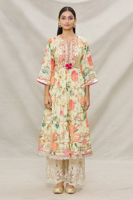 Gopi Vaid Yellow Cotton, Viscose Floral Motifs, Gota Printed Tiered Kurta And Palazzo Set Online at Aza Fashions Gopi Vaid_Yellow Cotton, Viscose Floral Motifs, Gota Printed Tiered Kurta And Palazzo Set _Online_at_Aza_Fashions